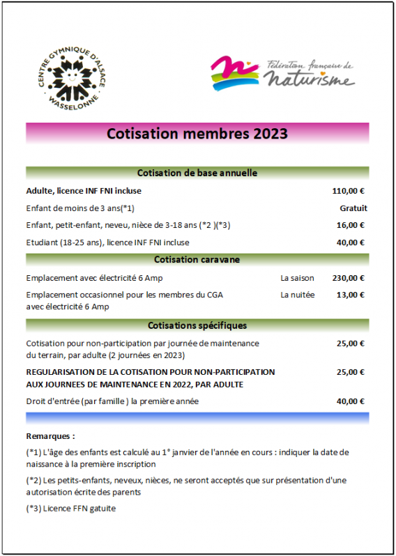 Tarif membres 2023
